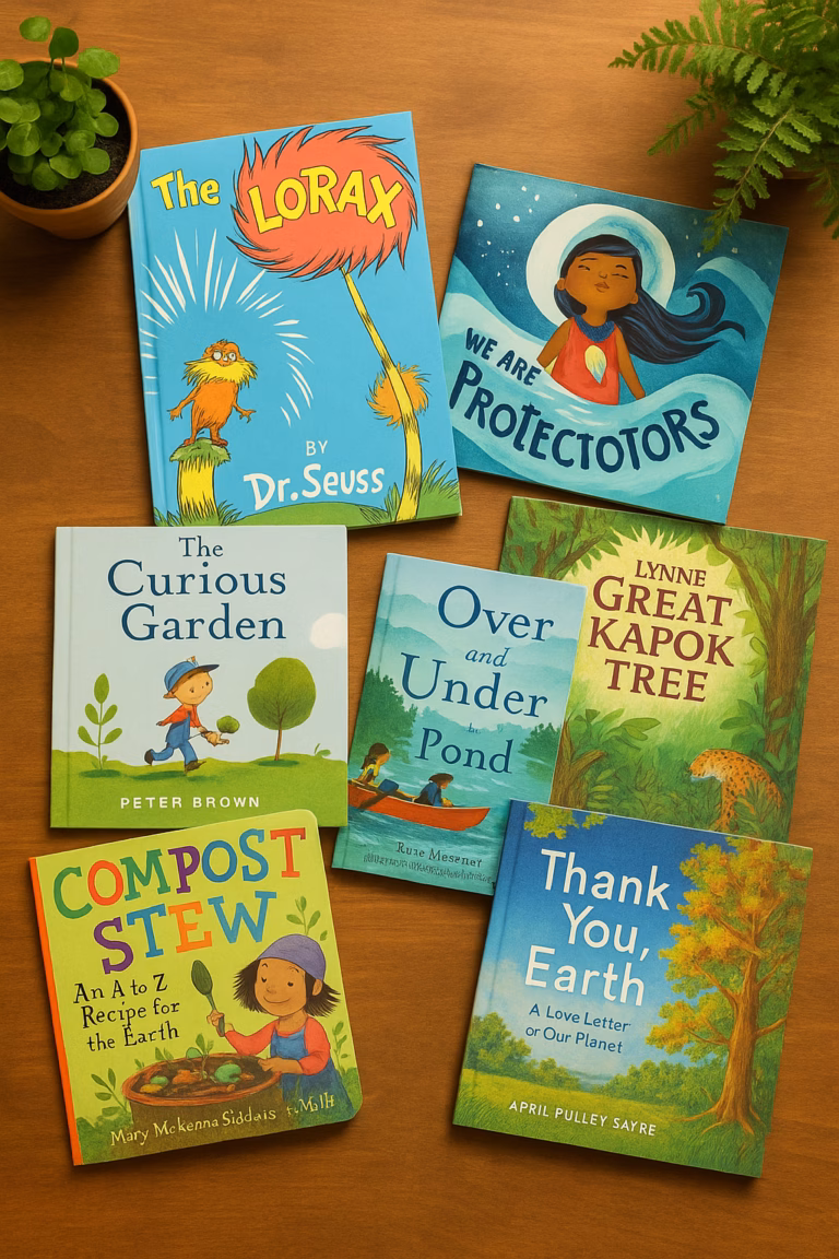 Children's books about nature displayed on a wooden table surrounded by plants