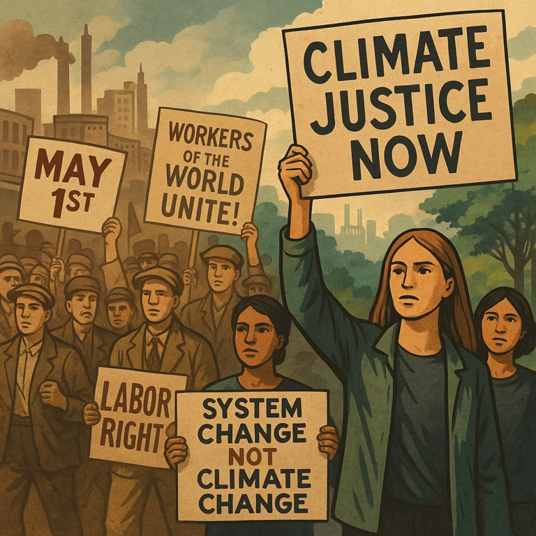Illustration showing the connection between climate change and social justice, blending historical May 1st workers' protests with modern climate activism."