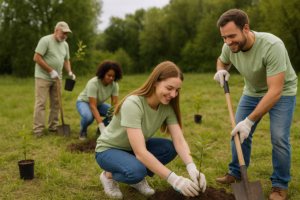 TREEPLANTINGFAMILY Volunteers planting trees on Arbor Day with shovels and saplings in a green field.