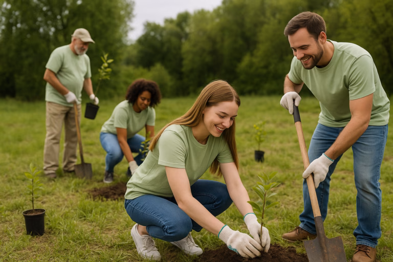Volunteers planting trees on Arbor Day with shovels and saplings in a green field.