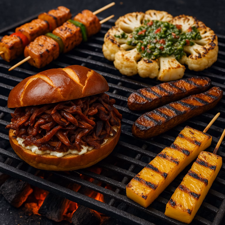 An assortment of grilled plant-based BBQ dishes on a charcoal grill, including a portobello mushroom burger on a pretzel bun, vegetable skewers with bell peppers and zucchini, a cauliflower steak topped with chimichurri, grilled carrots, and corn on the cob.