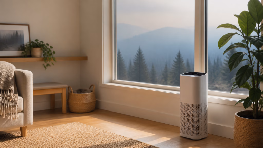 Wildfire smoke safety: portable air purifier in a cleaner-air room